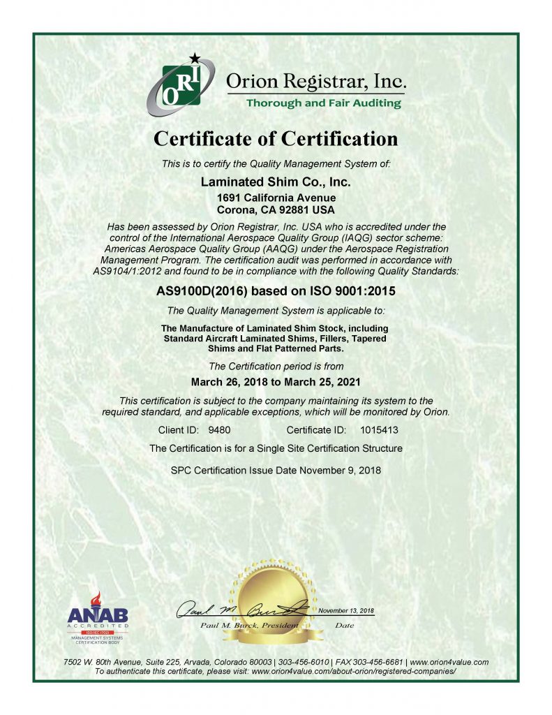 Certifications Laminated Shim Co.